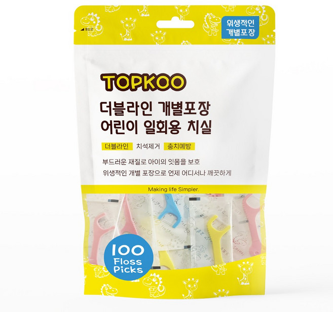 탑쿠 더블라인 개별포장 어린이 일회용 치실, 1개, 100개입