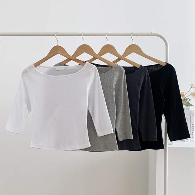니들 슬림핏 여리 보트넥 코튼 베이직 7부 티셔츠