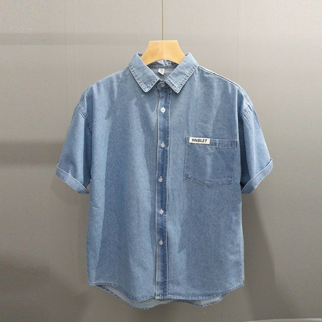 IWMAFT 남성 반팔 카라 데님 셔츠 루즈핏 포켓 포인트 여름 데일리 캐주얼 상의 HY1034