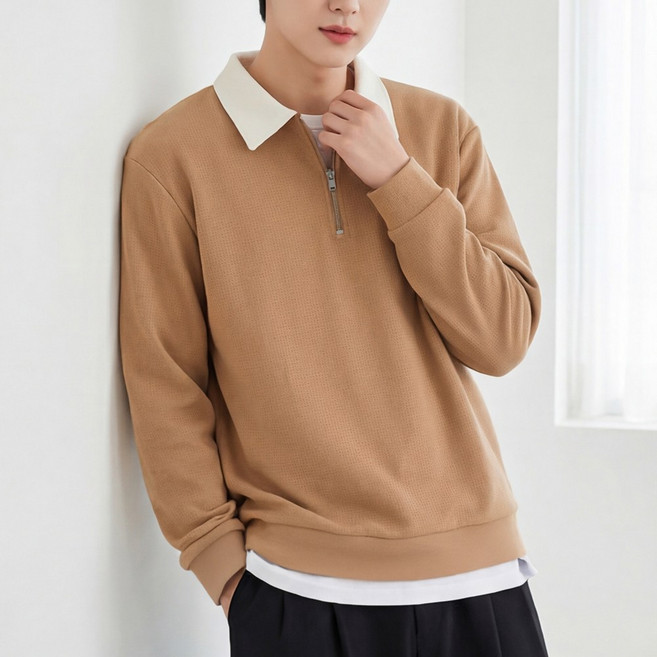 루크 남성 루즈핏 간절기 경량 반집업 맨투맨 남자 봄가을 긴팔 오버핏 카라 배색 상의 기본 데일리 캐주얼 반지퍼 티셔츠 레이어드 패션 편안한 코디