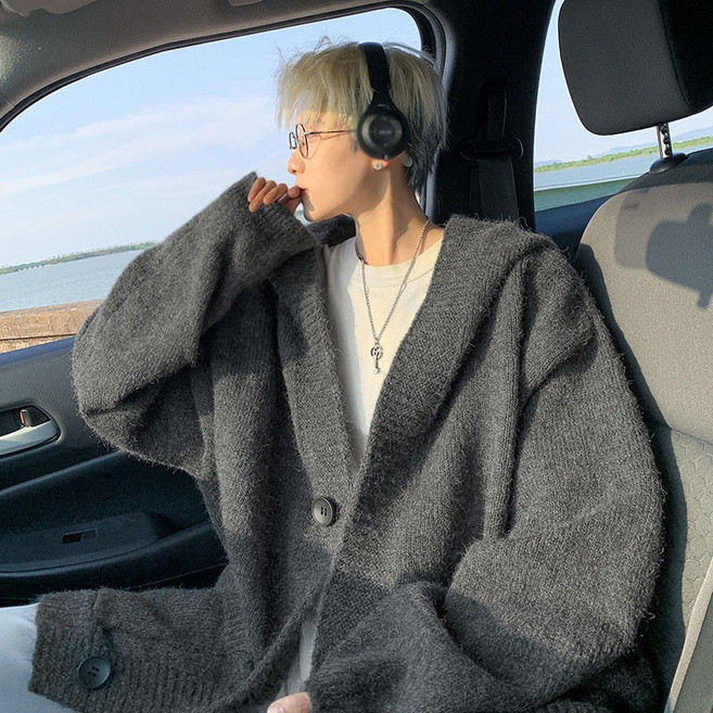 AOKADA 남성 가을 겨울 루즈핏 후드 롱 니트 가디건