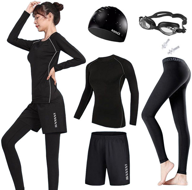 루이스 커플 래쉬가드 6종 세트 실리콘 수모 수경 체형커버 남성 여정 상하의 수영복