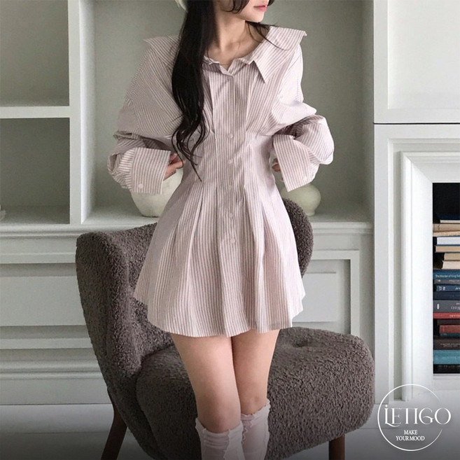 레티고 발레코어 스트라이프 백스트랩 허리슬림 셔츠 미니 원피스