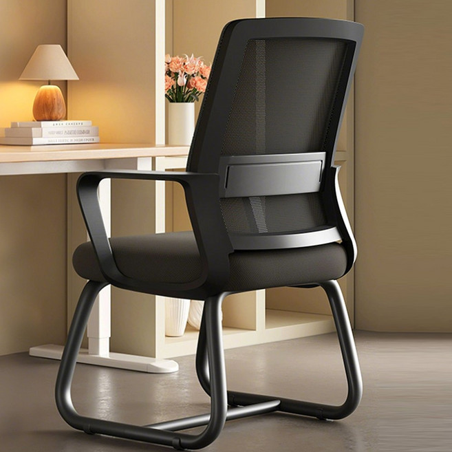 FONOW 바퀴 없는 사무용 사무실 회의실 메쉬 의자 학생 허리편한 인체공학 독서실 체어, 1개, 블랙