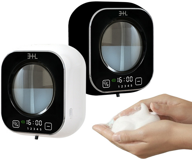 삼플라 벽걸이형 자동 핸드워시 디스펜서 거품타입 손세정기 대용량 충전식 스마트 센서 소프트버블 거품비누 거품형 거품 펌프용기 무타공 손세정제 화장실 주방 싱크대 욕실 세면대 샴푸, 블랙, 1개