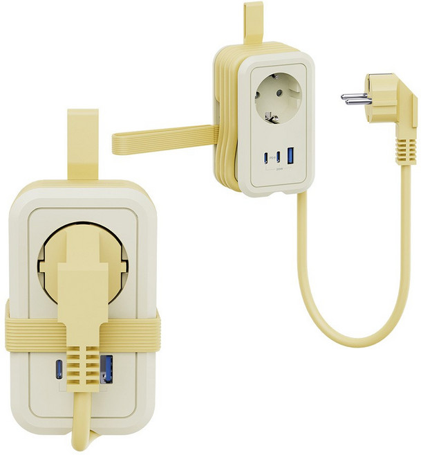 [에코너] MT11 전선1.5M정리형 휴대용 멀티탭 4000W 고용량 (1구C타입포트USB포트), 크림옐로우