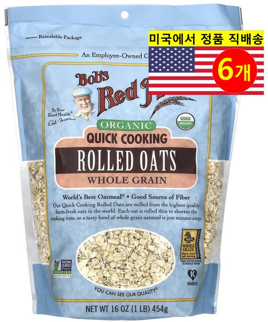 Bob's Red Mill 건강하고 맛있는 식사 간식용 빠른 조리 오가닉 통곡물 롤드 오트 납작 귀리 454g 2개, 6개