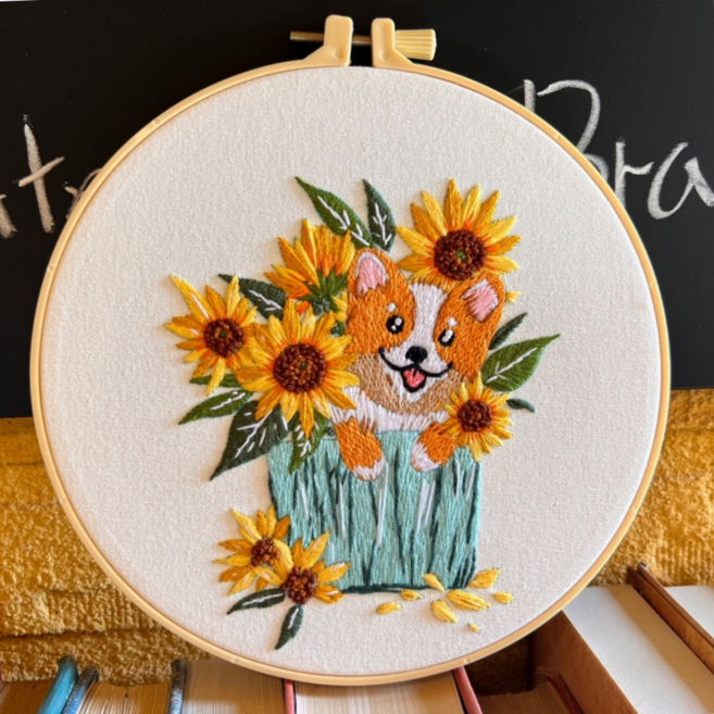 아가토스 강아지 프랑스 자수세트 DIY 취미세트, 해바라기 강아지, 1개