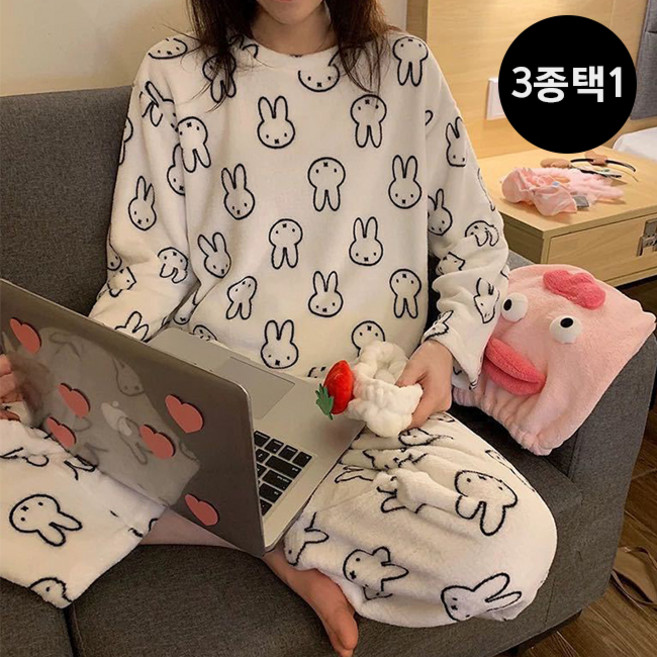 학생추천! [3종택1] 쿠앤크패턴 동물 투피스 수면파자마 - 토끼 판다 젖소 겨울 홈웨어 잠옷 여자파자마 상하세트