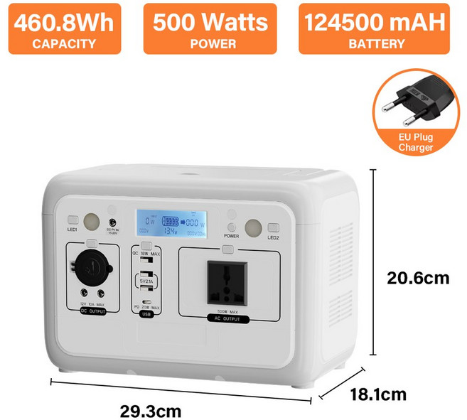 500W 휴대용 파워스테이션 전원 파워 가정용 RV500W 배터리 캠핑 플랜트 비상 460 8WH 발전기 태양광 LIFEPO4 야외 에너지, 220V용, 500W EU Charger