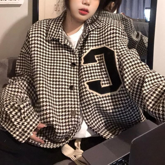 復古字母刺繡翻領寬鬆夾克襯衫外套女 秋冬新款