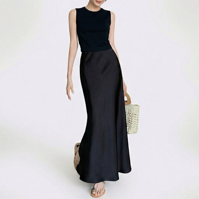 엘바리스 여성 새틴 머메이드 슬림핏 히든 밴딩 지퍼 스커트 A라인 플레어 롱치마