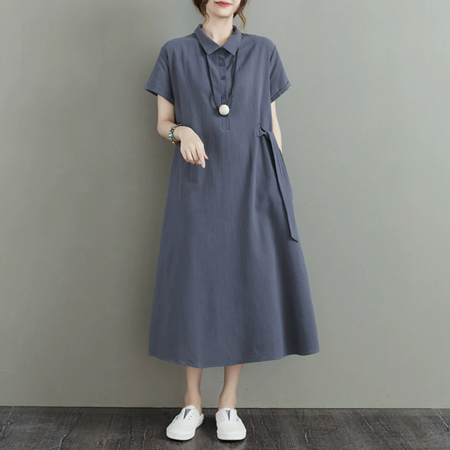 NUNUHANA 여성 루즈핏 면마 반팔 롱원피스