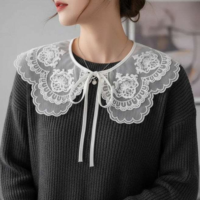 여성 레이스 이중 자수 프릴 리본 가디건 니트 레이어드 페이크 카라 넥케이프 F676