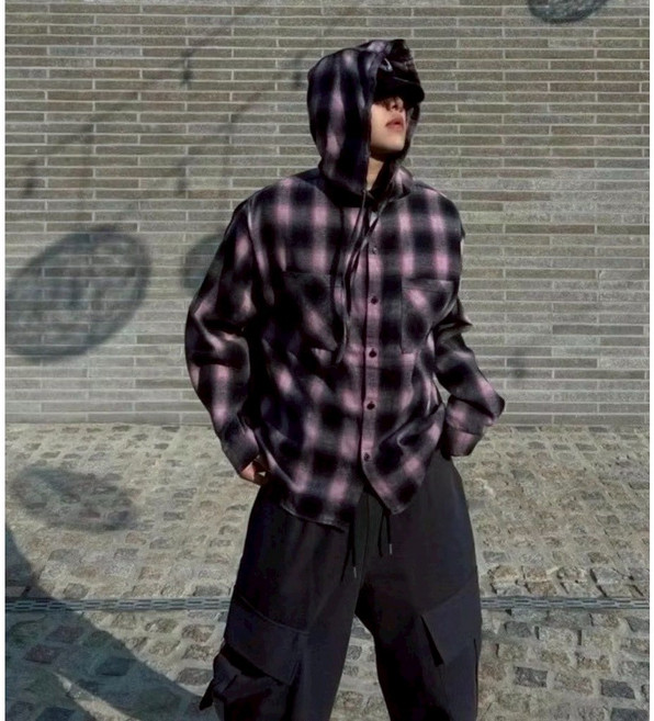 BASIC 韓系抽繩帽格襯衫 男女 復古百搭
