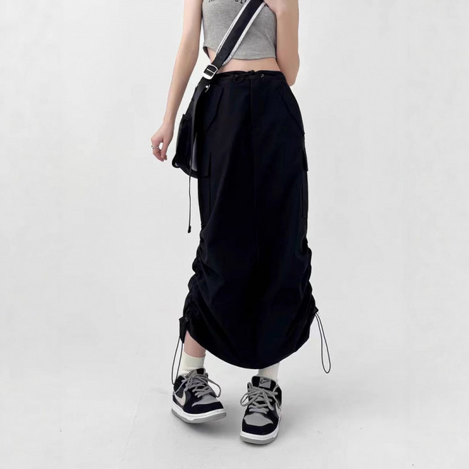 SAHINER 여성 카고 롱 스커트 스트링 하이웨스트 캐주얼 봄여름 AQZ54