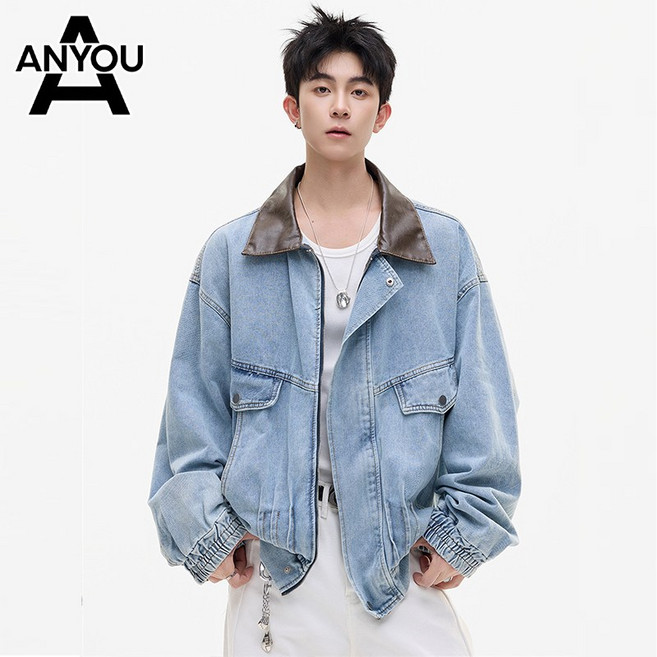 ANYOU 남성 춘추 데님 자켓 방풍 슬림핏 카라 디자인 캐주얼 아우터