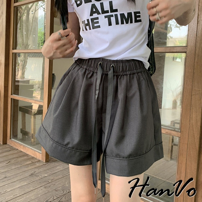 HanVo 鬆緊綁帶高腰闊腿短褲 - 寬鬆休閒西裝短褲 韓系女裝