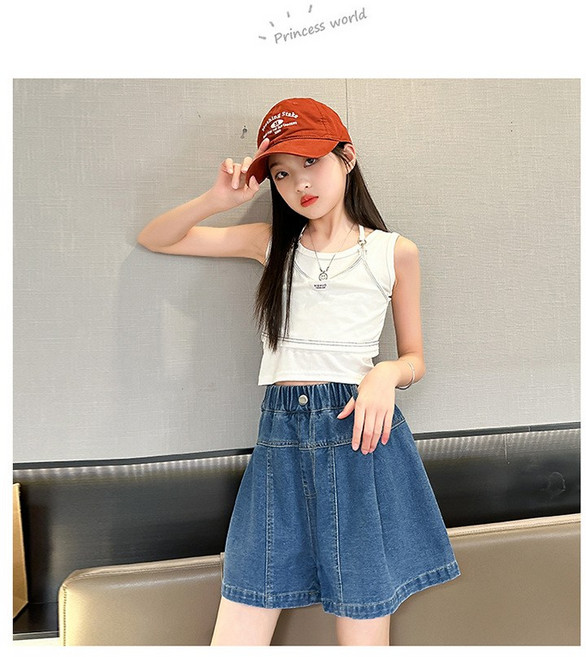 슈가푸딩 주니어 와이드데님치마바지 초등학생 중학생 치마바지 와이드데님 여아반바지 데님치마바지 소풍룩 외출룩 여름데님