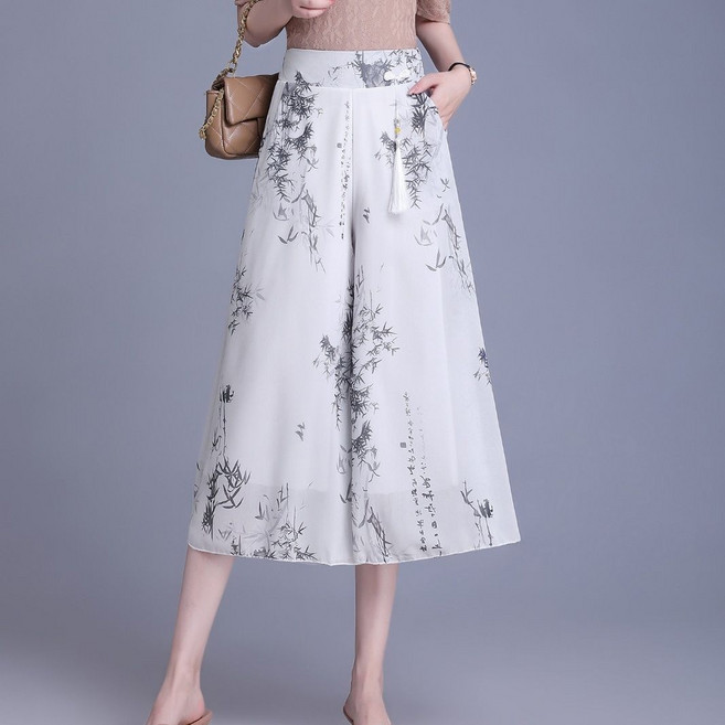 雪紡印花高腰寬管七分褲女 夏季新款飄逸民族風