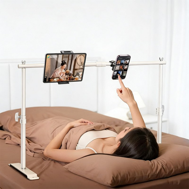 LADERIVE 침대 휴대폰 태블릿 거치대 높이 및 폭 조절 가능 접이식 침대용 휴대폰 태블릿 거치대 듀얼 스탠드 고급형, 1개, 화이트, 거치대 풀세트