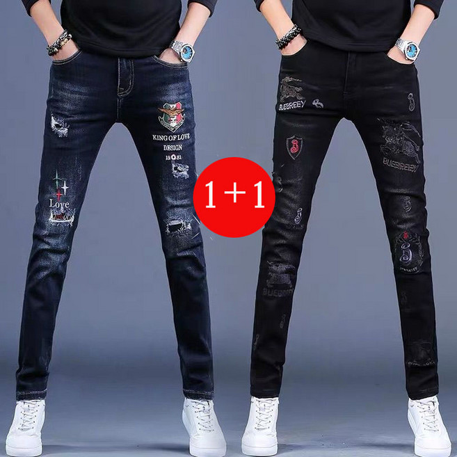 1+1남자 자수 디스트로이드 청바지 스판 슬림 청바지 뉴타임즈 K990C215