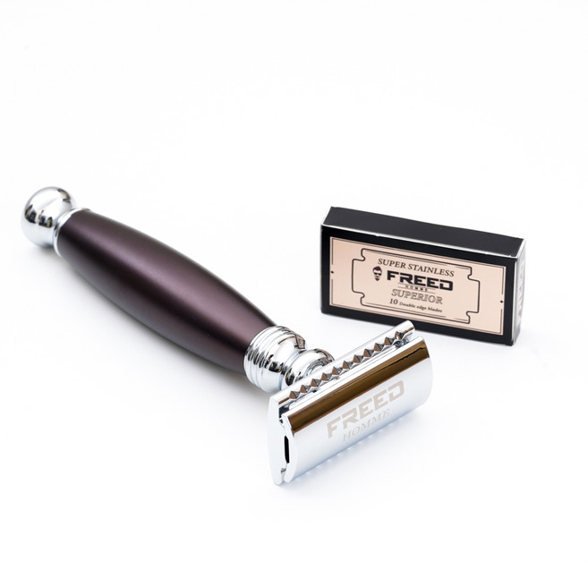 FREED 雙刃安全刮鬍刀 馬鞍棕 附10刀片, 1個, 加購刻字