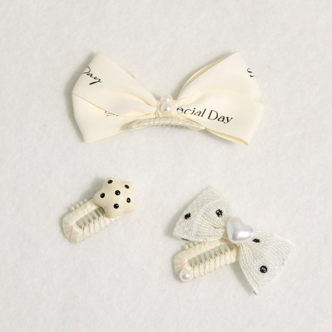 드림계곡 심플 리본 강아지 헤어핀 3p, 1개, 화이트