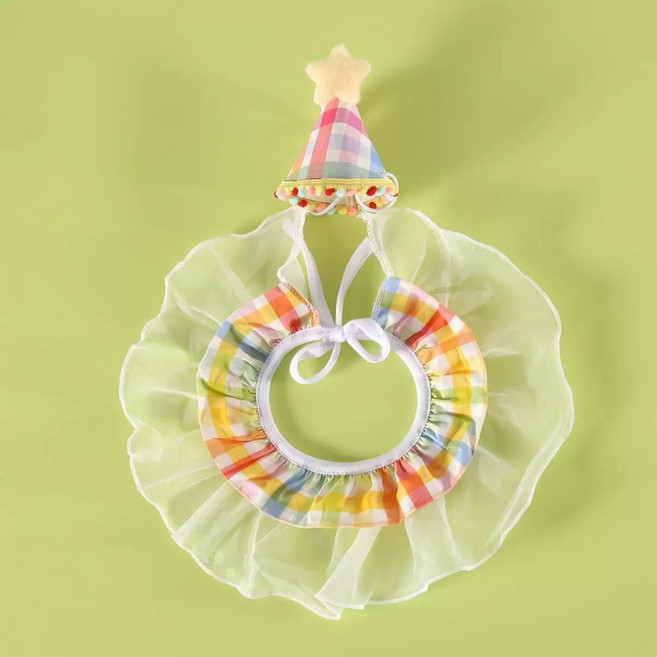寵愛毛宅 寵物生日帽項圈組 貓咪狗狗生日裝扮 可愛造型 舒適材質, 1個, 小號格子套裝