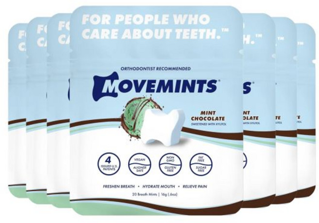 MOVEMINTS 민트 껌 무브민트스 클리어 얼라이너 특허받은 식용 대체품 치위스 자일리톨로 입 냄새 제거 및 구강 건조 개선 초콜릿 3개입, 민트 초콜릿, 20개입 (7팩), 1개