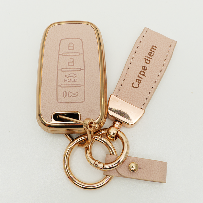 양면각인 현대 호환 그랜저TG 제네시스BH YF쏘나타 아반떼MD I30 베라크루즈 에쿠스 투싼IX 리모컨 가죽 차키케이스 커버 스마트 4버튼 키홀더 스트랩, TL16_KH17, 아이보리골드