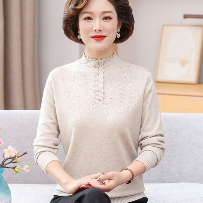 중년 여성 반폴라 니트 스웨터 루즈핏 봄 가을 풀오버 상의 캐주얼 겨울 이너 긴팔티 기질 반폴라 니트 티셔츠 RSH