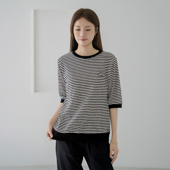 마담4060 엄마옷 마담4060 에바패치단가라 여성 데일리 티셔츠 -RTE2604031-
