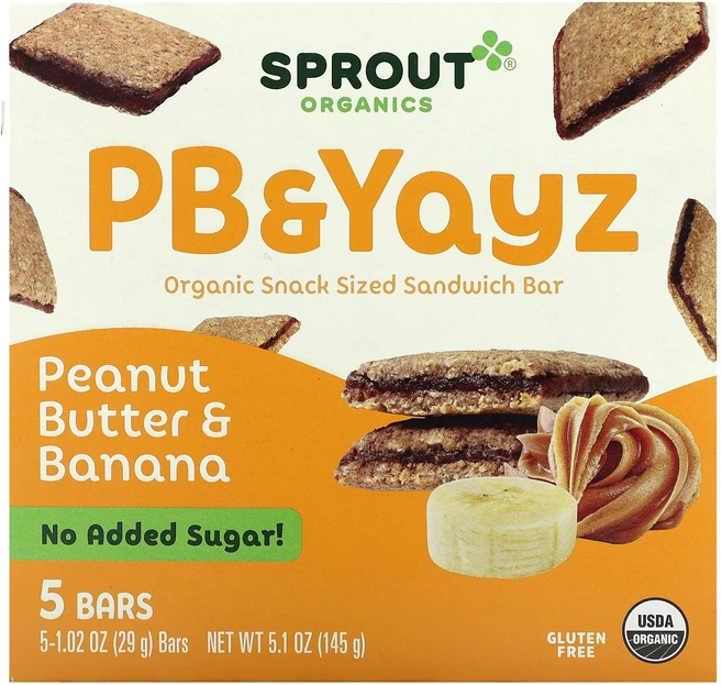 Sprout Organics PB & Yayz 유기농 스낵용 샌드위치 바 땅콩 버터 및 바나나 바 5개 각 29g(1.02oz) Organics (스프라우트 오가닉스) - 쿠팡
