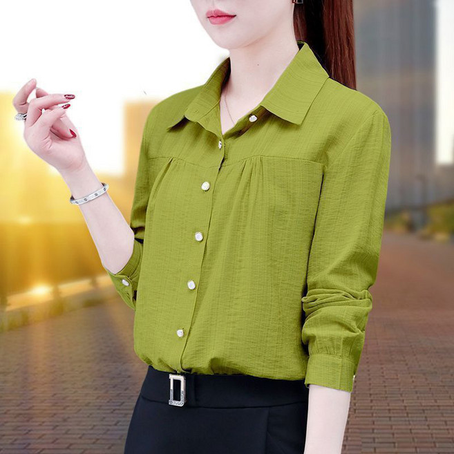 중장년 여성 긴팔 셔츠 캐주얼 여자 셔츠 쉬폰 상의 빅사이즈 봄 가을 중년 엄마옷 셔츠 남방 YJW