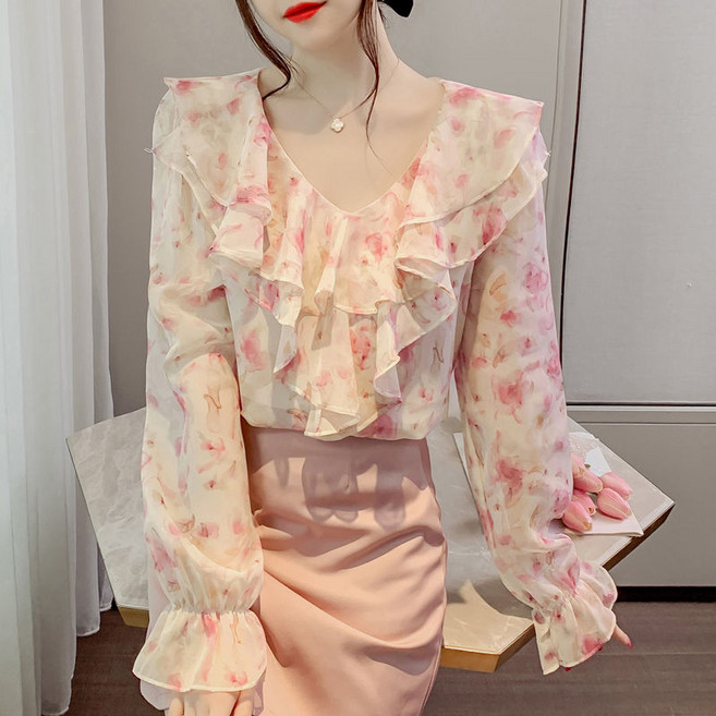 Asure 여자 봄 여름 플라워 프린트 프릴 블라우스