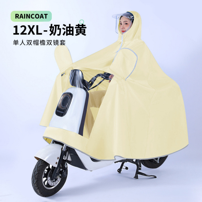 加厚長款全身防豪雨機車雨衣, 12XL-【高品質鏡套款】可拆卸雙帽檐忌廉黃, 常規