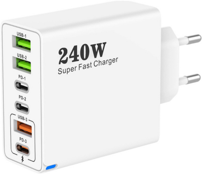 240W 접지 초고속 충전기 6포트 3USB+3PD 적용애플 아이폰 아이패드 삼성 갤럭시 픽셀 고속 전원 어댑터, 1개, 흰색
