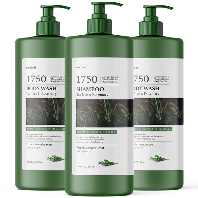 1+1+1 메르헨트 티트리 로즈마리 대용량 샴푸 1.5L 프렌치라벤더향 약산성 퍼퓸 향기좋은 청소년 미용실 지성 건성 두피, 3개