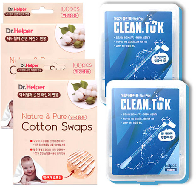 닥터헬퍼 순면 유아 면봉 100개입+클린톡 데일리 액상면봉 60개입 귓속청결제 세트, 2세트, 160개입