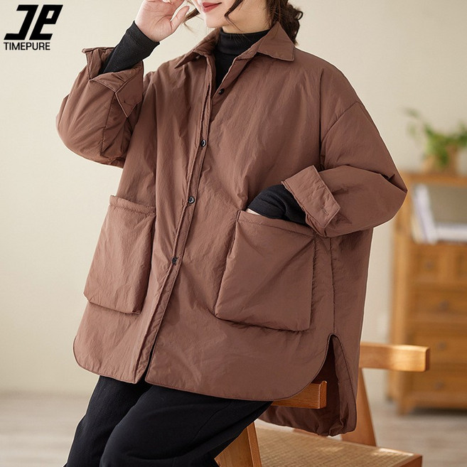 TIMEPURE 여성 오버핏 빈티지 카라 경량 패딩 잠바 도톰 빅사이즈 겨울 패딩자켓 빅포켓 아우터 따뜻함 보온 편한 하프패딩