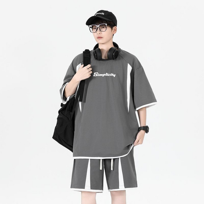Simplicity 男裝夏季圓領短袖運動休閒兩件套裝, 1個, JC33深灰套裝L 建議115-130斤