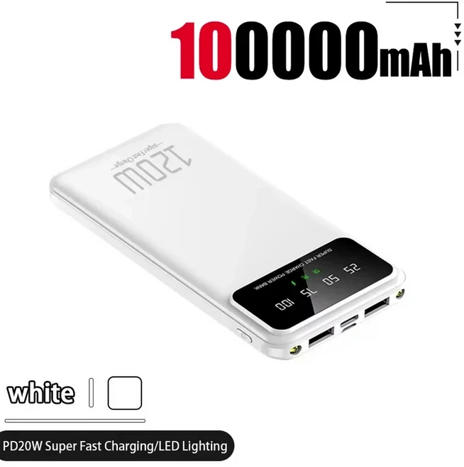 100000 mAh 보조베터리 120W 초고속 충전 대용량 휴대전화 전원 외장 배터리 액세서리, 03 White 100000mAh