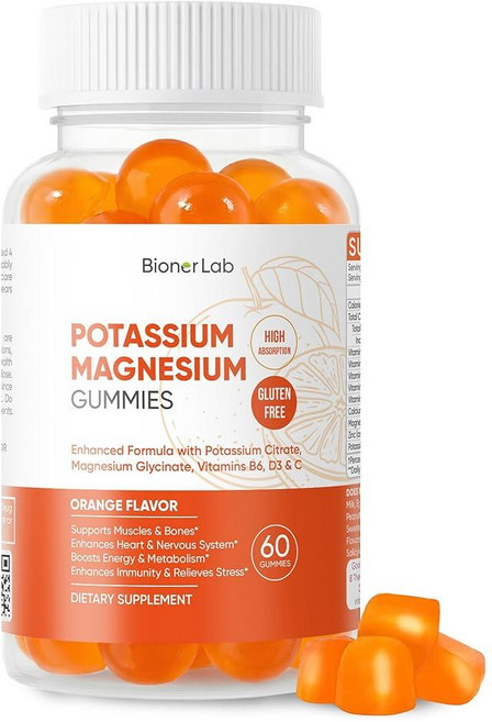 BionerLab 비타민 D3 B6 C 함유 칼륨 마그네슘 젤리 - 고흡수성 칼륨 99mg 마그네슘 글리시네이트 250mg 츄어블 보충제 여성 남성 성인 아동용, BionerLab 비타민 D3 B6 C 함유 칼륨 마그, 1, 60