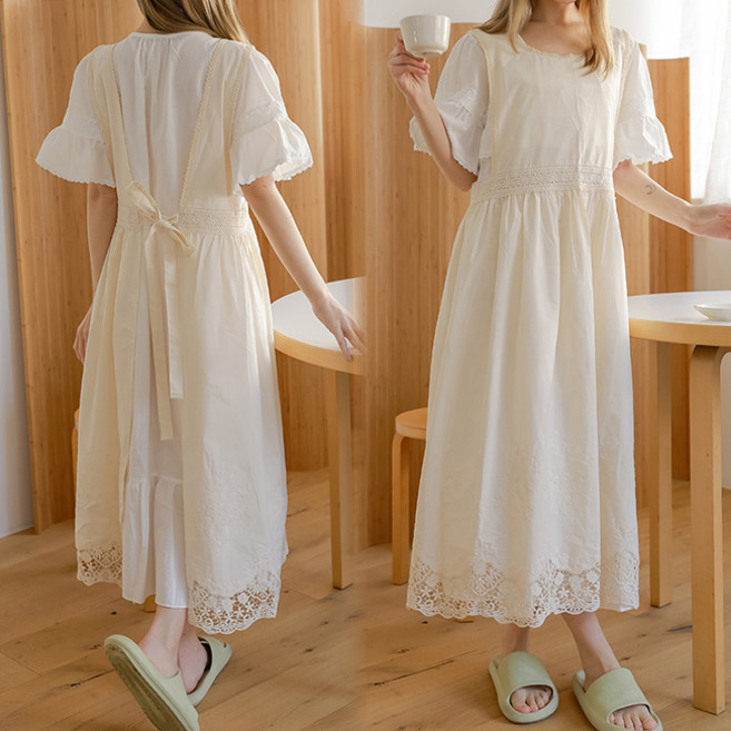 2color [국내제작] 헤르미안 원피스 앞치마 - 에이프런 린넨 면 코튼 공주풍 러블리 여리여리 여성 신혼 집들이 어린이집 카페 선물, 1개, 화이트