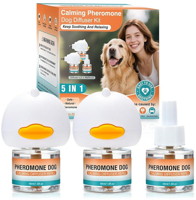 강아지 진정 페로몬 디퓨저 애완 동물 5 in 1 고급 키트 불안 완화를 위한 진정 페로몬 디퓨저 (플러그 인 2개 + 48ml 리필 3팩) 공격성 싸움 짖는 스트레스 감소 (
