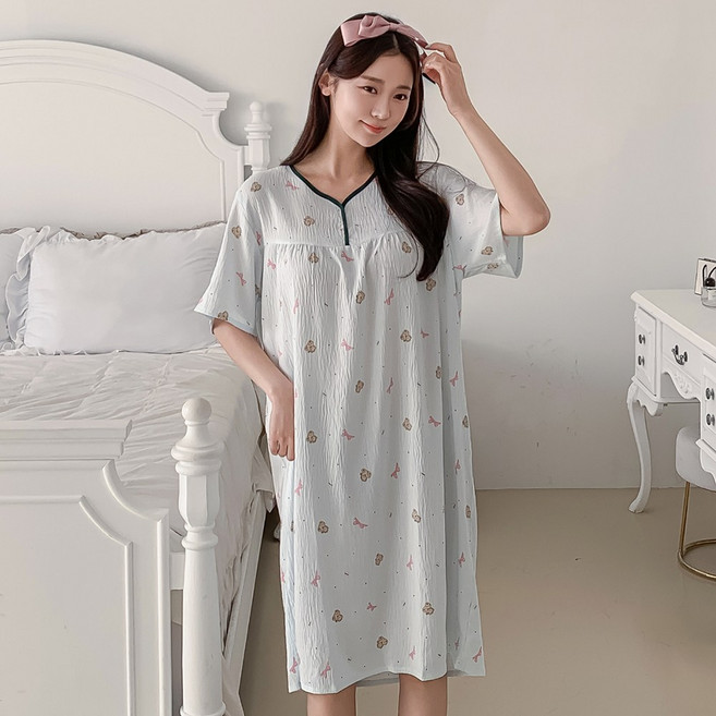 아소트 여성 파자마 반팔 원피스 잠옷 실내복 데일리 홈웨어 빅사이즈