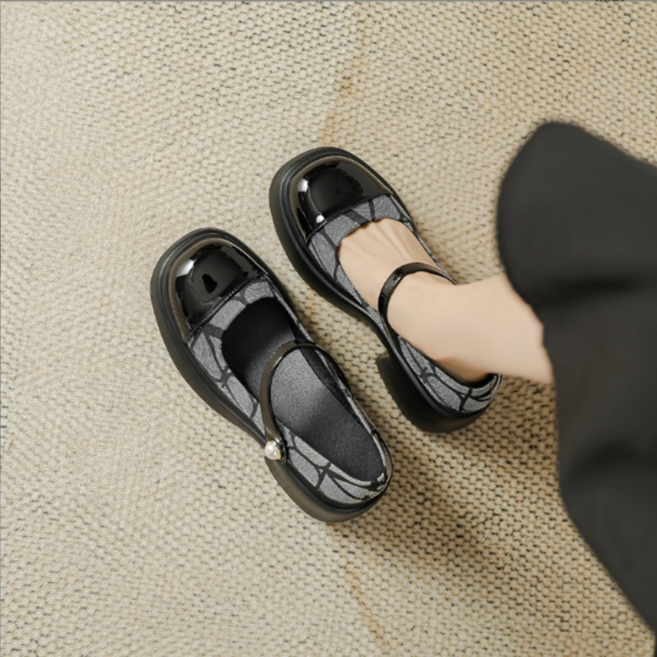 POMTOR 여성 메리제인 통굽 구두 7cm 굽 1자 스트랩 사계절 캐주얼 신발