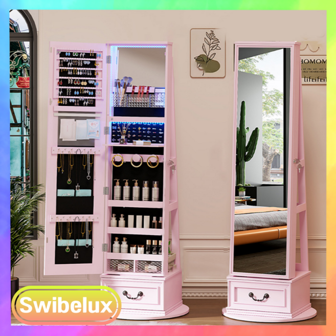 스위벨룩스 LED 조명 전신 거울 회전 화장대 수납 선반 메이크업 액세서리 보관함 진열, 라운드 유로피안 수납 3색조명 핑크리본