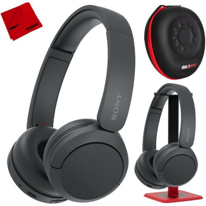 Sony 헤드폰 이어폰 헤드셋 무선 마이크가 있는 소니 WH-CH520/B 데코 기어 하드 케이스가 블랙 번들 + 프로 오디오 스탠드 마이크로파이버 클리닝 천, 무선 헤드폰 운동 블루투스 소니 WH-CH520B 마이, WH-CH520B